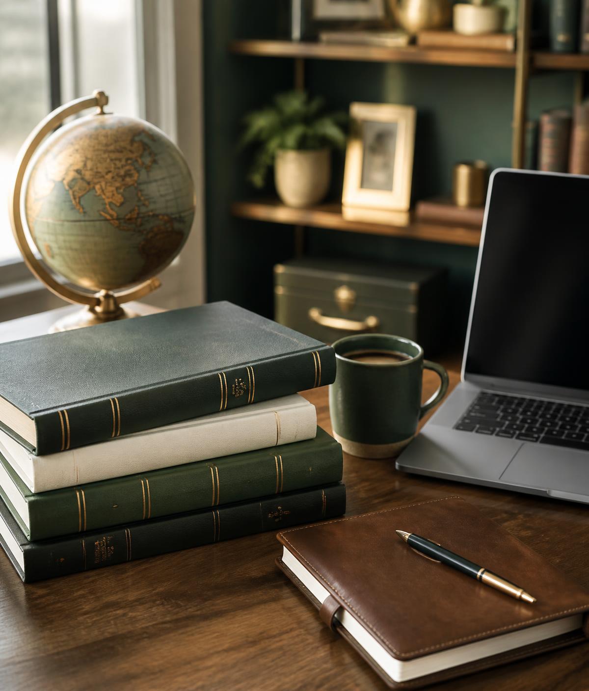 Professional immigration planning workspace with strategy books, globe, mug and laptop